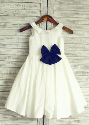 Ivory Cotton Simple Flower Girl Dress With Navy Blue Bow